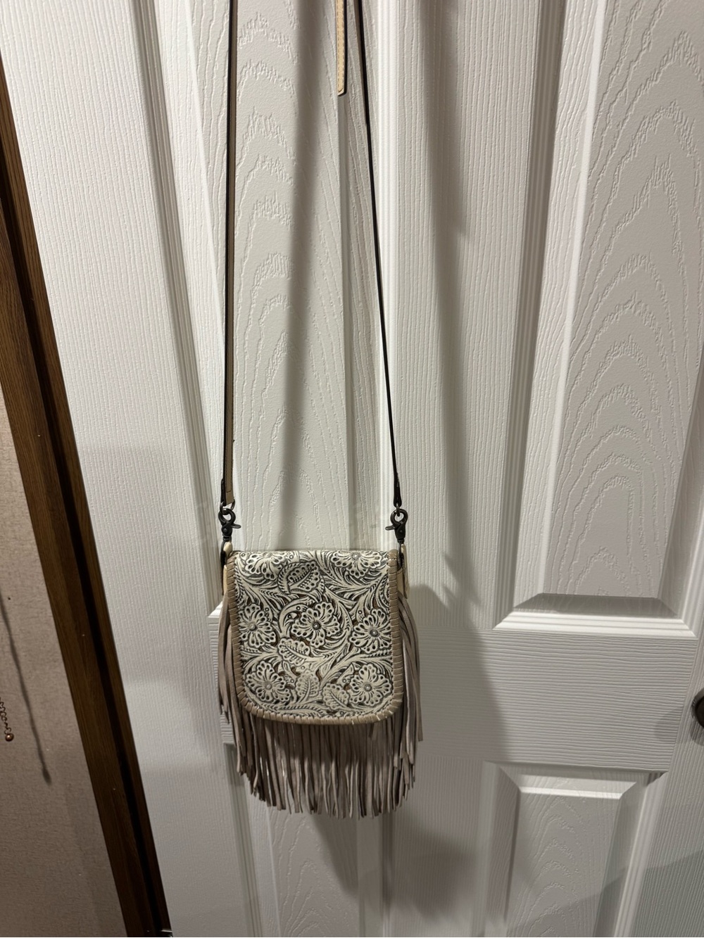 Montana West Cream Embossed Floral Fringe Crossbody Bag